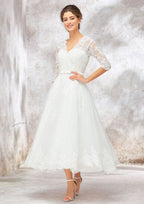 Romantic A-Line V-Neck Half Sleeve Tea-Length Tulle Lace Wedding Dress with Bowknot Accent BM bride