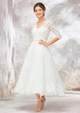 Romantic A-Line V-Neck Half Sleeve Tea-Length Tulle Lace Wedding Dress with Bowknot Accent BM bride