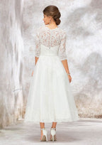 Romantic A-Line V-Neck Half Sleeve Tea-Length Tulle Lace Wedding Dress with Bowknot Accent BM bride
