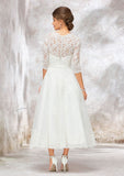Romantic A-Line V-Neck Half Sleeve Tea-Length Tulle Lace Wedding Dress with Bowknot Accent BM bride