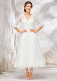 Romantic A-Line V-Neck Half Sleeve Tea-Length Tulle Lace Wedding Dress with Bowknot Accent BM bride