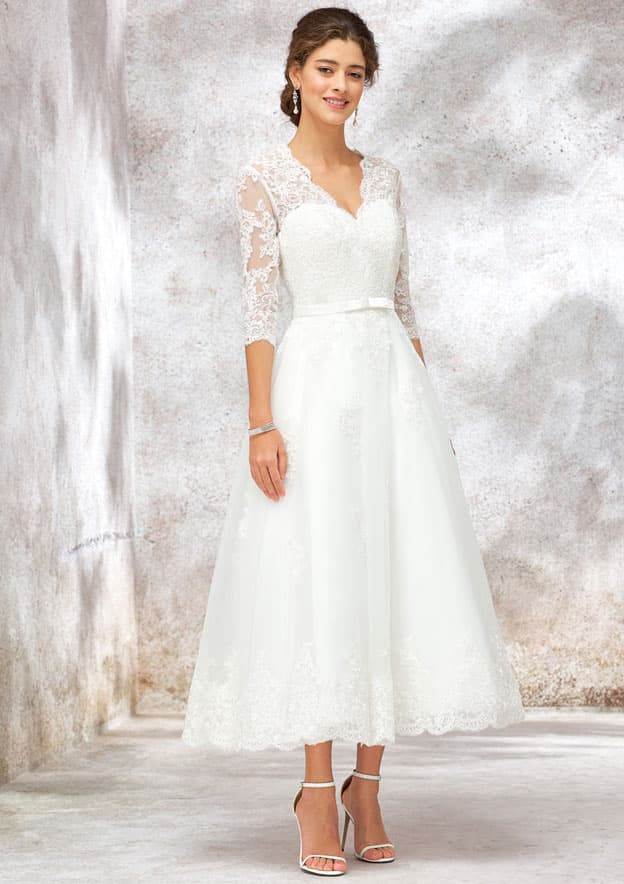Romantic A-Line V-Neck Half Sleeve Tea-Length Tulle Lace Wedding Dress with Bowknot Accent BM bride