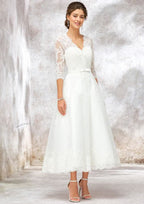 Romantic A-Line V-Neck Half Sleeve Tea-Length Tulle Lace Wedding Dress with Bowknot Accent BM bride