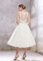 Charming A-Line Illusion Neck Wedding Dress: Tea-Length Tulle with Lace Waistband Embroidery and Crystals BM bride