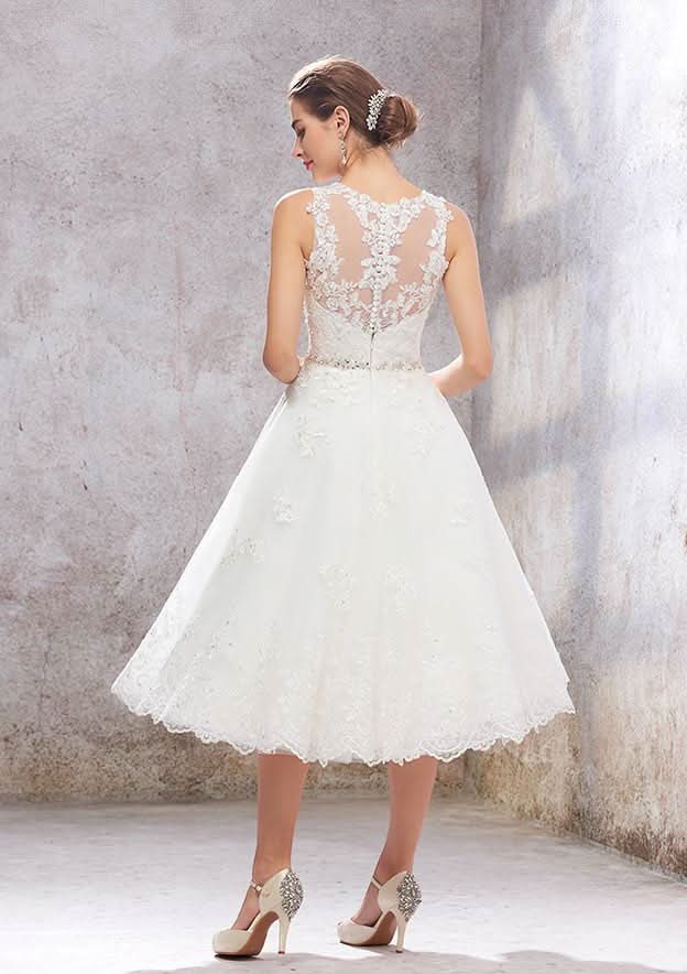 Charming A-Line Illusion Neck Wedding Dress: Tea-Length Tulle with Lace Waistband Embroidery and Crystals BM bride