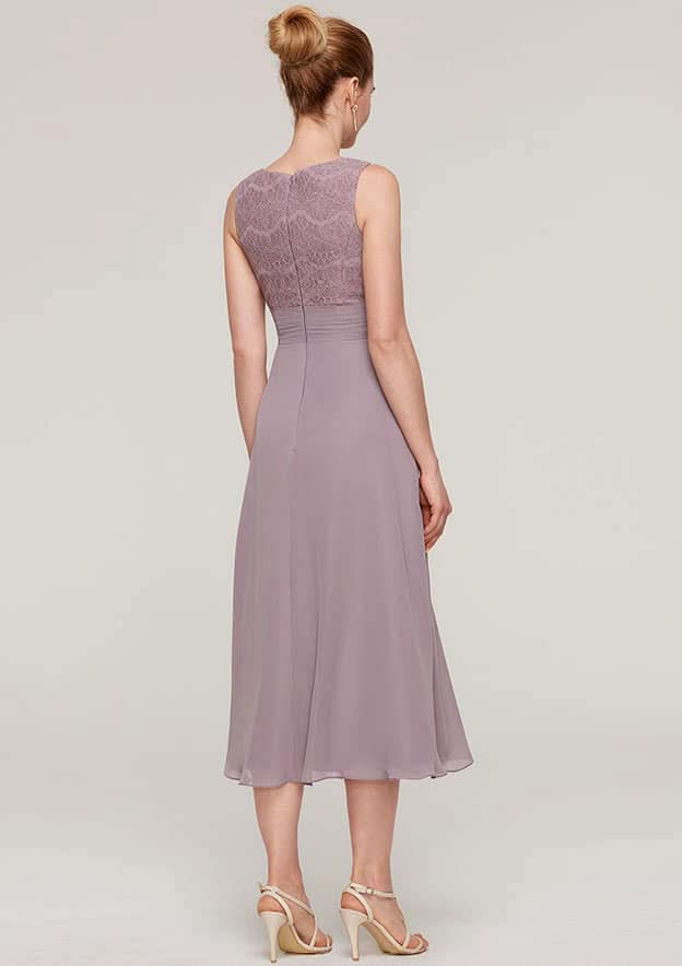 Tea-Length Chiffon Mother of the Bride Dress with Lace Jacket, Scoop Neck BM bride