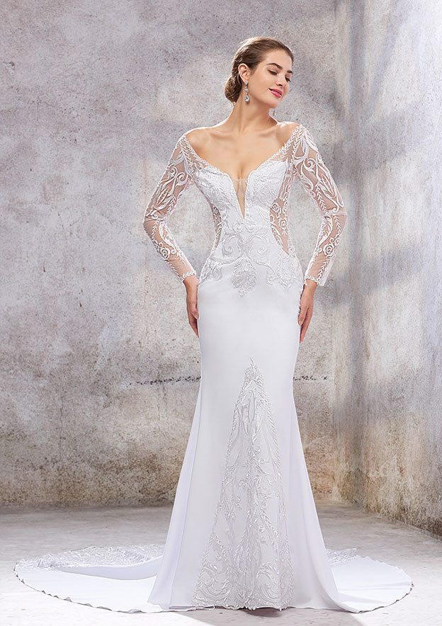 Stylish Trumpet/Mermaid Wedding Dress: Off-the-Shoulder Full Long Sleeve with Chapel Train and Embroidered Stretch Crepe BM bride