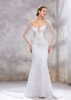 Stylish Trumpet/Mermaid Wedding Dress: Off-the-Shoulder Full Long Sleeve with Chapel Train and Embroidered Stretch Crepe BM bride