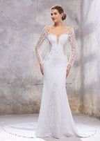 Stylish Trumpet/Mermaid Wedding Dress: Off-the-Shoulder Full Long Sleeve with Chapel Train and Embroidered Stretch Crepe BM bride
