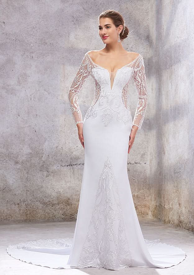 Stylish Trumpet/Mermaid Wedding Dress: Off-the-Shoulder Full Long Sleeve with Chapel Train and Embroidered Stretch Crepe BM bride