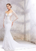 Stylish Trumpet/Mermaid Wedding Dress: Off-the-Shoulder Full Long Sleeve with Chapel Train and Embroidered Stretch Crepe BM bride