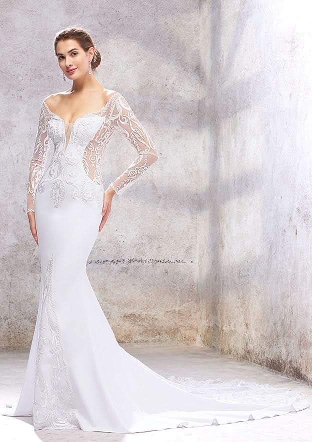 Stylish Trumpet/Mermaid Wedding Dress: Off-the-Shoulder Full Long Sleeve with Chapel Train and Embroidered Stretch Crepe BM bride