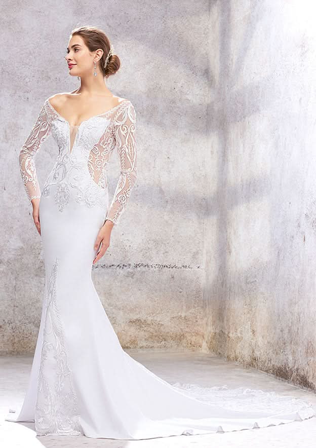 Stylish Trumpet/Mermaid Wedding Dress: Off-the-Shoulder Full Long Sleeve with Chapel Train and Embroidered Stretch Crepe BM bride