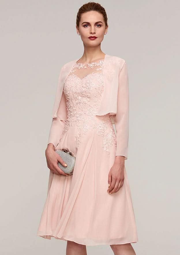 Knee-Length Chiffon Mother of the Bride Dress with Jacket Appliqued Beading, Sleeveless Bateau A-line BM bride