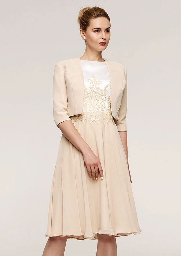 Knee-Length Chiffon Mother of the Bride Dress with Appliqued Jacket, Sleeveless Bateau A-line BM bride