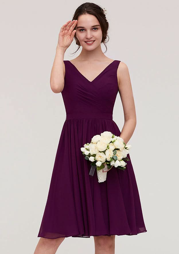 Knee-Length Chiffon Bridesmaid Dresses, A-Line/Princess Style, V-Neck, Sleeveless, With Pleats BM bride