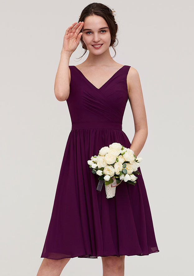 Knee-Length Chiffon Bridesmaid Dresses, A-Line/Princess Style, V-Neck, Sleeveless, With Pleats BM bride