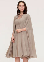 Knee-Length Chiffon Mother of the Bride Dress with Jacket Appliqued Pleated, Half Sleeve Bateau Sheath/Column BM bride