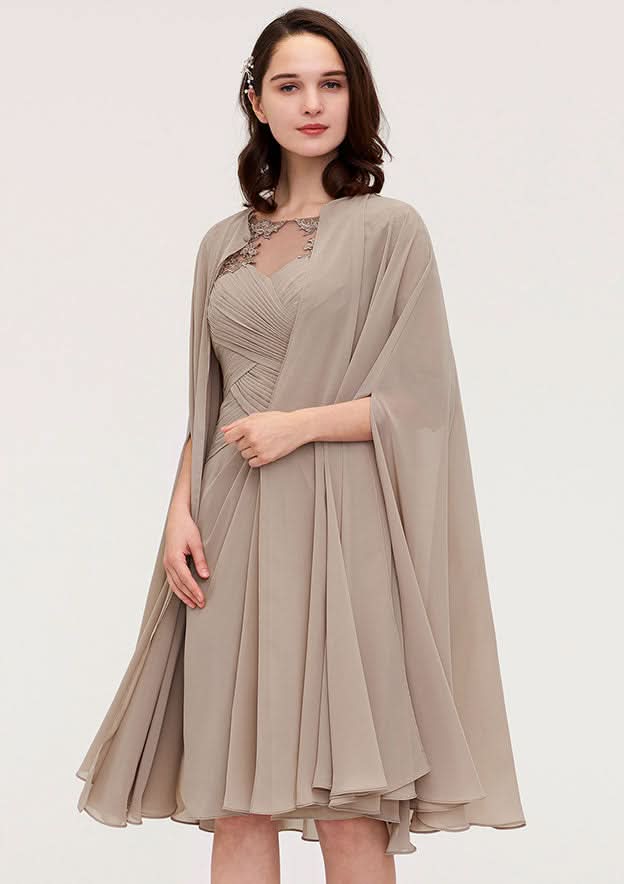 Knee-Length Chiffon Mother of the Bride Dress with Jacket Appliqued Pleated, Half Sleeve Bateau Sheath/Column BM bride