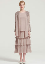 Tea-Length Chiffon Mother of the Bride Dress with Jacket Ruffles Appliqued, Sleeveless Scoop Neck A-line BM bride
