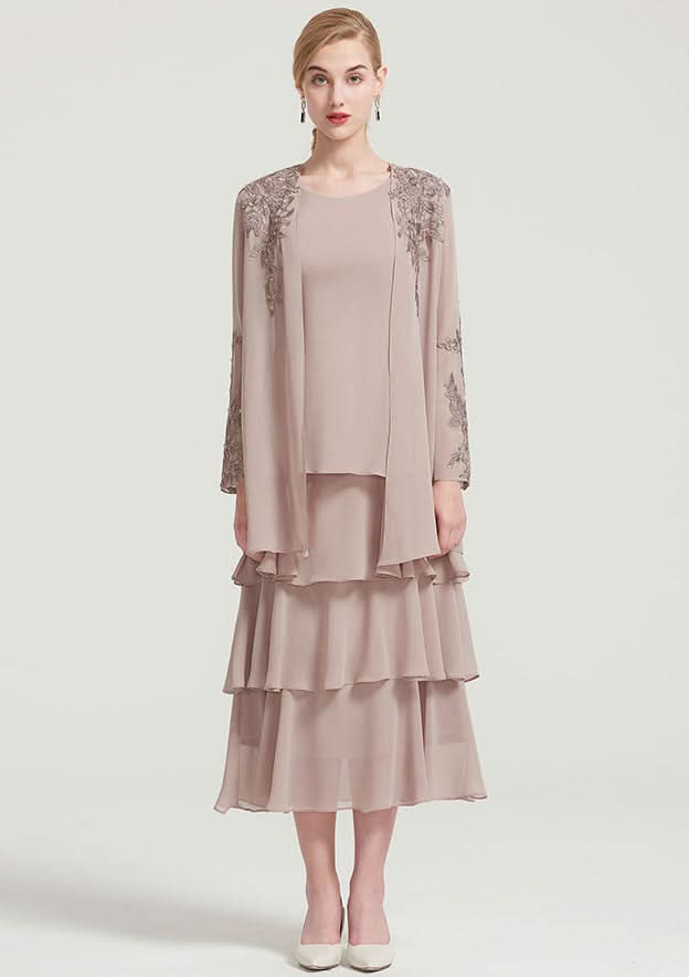 Tea-Length Chiffon Mother of the Bride Dress with Jacket Ruffles Appliqued, Sleeveless Scoop Neck A-line BM bride