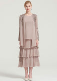 Tea-Length Chiffon Mother of the Bride Dress with Jacket Ruffles Appliqued, Sleeveless Scoop Neck A-line BM bride