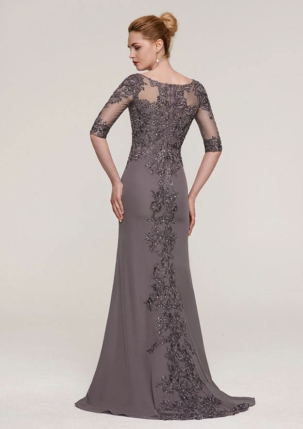 Sweep Train Chiffon Mother of the Bride Dresses with Appliqued Beading, Half Sleeve V Neck Sheath/Column BM bride