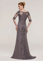 Sweep Train Chiffon Mother of the Bride Dresses with Appliqued Beading, Half Sleeve V Neck Sheath/Column BM bride