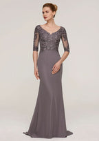 Sweep Train Chiffon Mother of the Bride Dresses with Appliqued Beading, Half Sleeve V Neck Sheath/Column BM bride