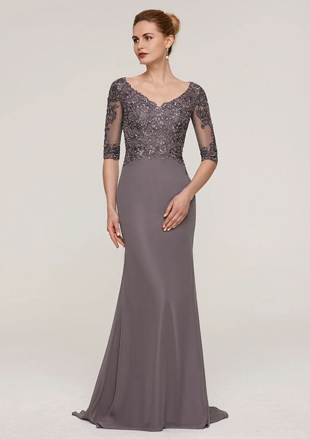 Sweep Train Chiffon Mother of the Bride Dresses with Appliqued Beading, Half Sleeve V Neck Sheath/Column BM bride