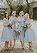 Tea-Length Chiffon Bridesmaid Dress, A-Line/Princess Cut, V-Neck, Sleeveless, With Pleated BM bride