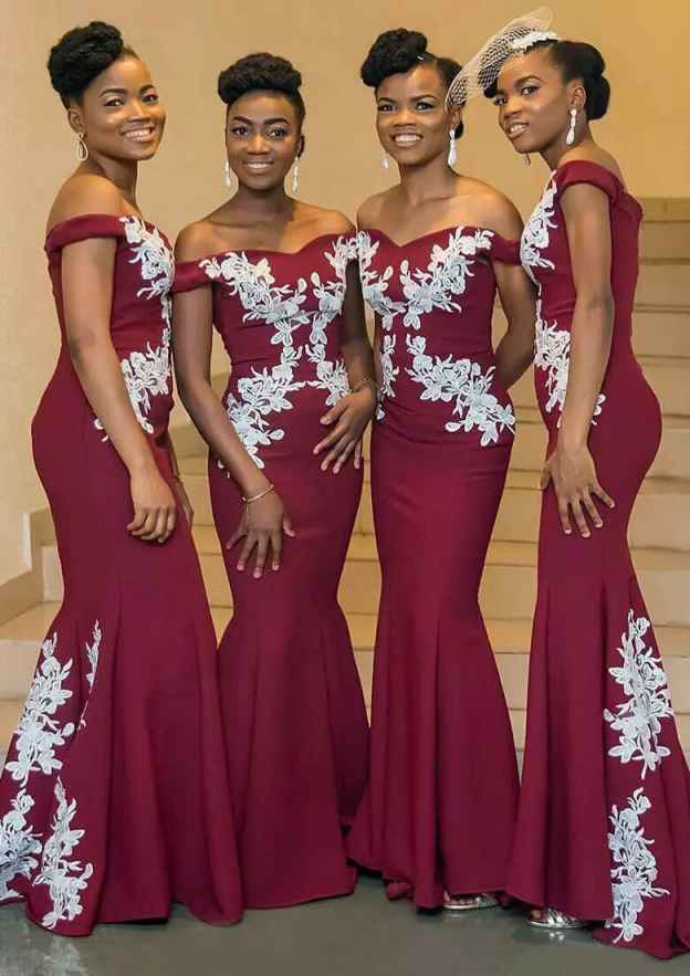 Long/Floor-Length Elastic Satin Bridesmaid Dress, Trumpet/Mermaid Shape, Off-The-Shoulder, Sleeveless, With Appliqued BM bride