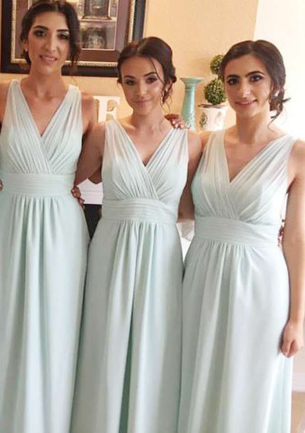 Long/Floor-Length Chiffon Bridesmaid Dress, A-Line/Princess Cut, V-Neck, Sleeveless, With Pleated BM bride