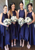 Asymmetrical Satin Bridesmaid Dress, A-Line/Princess Cut, Scoop Neck, Sleeveless, With Pleated BM bride
