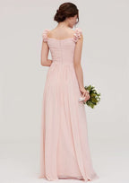 Sweetheart A-Line Floor-Length Chiffon Bridesmaid Dress, Sleeveless With Pleated Shoulder Flower BM bride