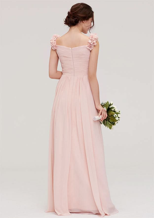 Sweetheart A-Line Floor-Length Chiffon Bridesmaid Dress, Sleeveless With Pleated Shoulder Flower BM bride