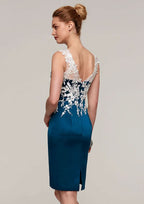 Knee-Length Satin Mother of the Bride Dress with Jacket Appliqued, Sleeveless Bateau Sheath/Column BM bride