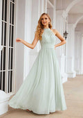 A-Line High-Neck Floor-Length Sleeveless Chiffon Bridesmaid Dress With Pleats BM bride