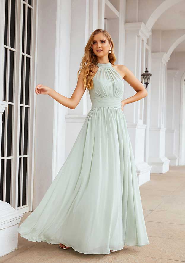 A-Line High-Neck Floor-Length Sleeveless Chiffon Bridesmaid Dress With Pleats BM bride