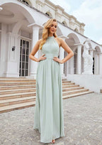 A-Line High-Neck Floor-Length Sleeveless Chiffon Bridesmaid Dress With Pleats BM bride