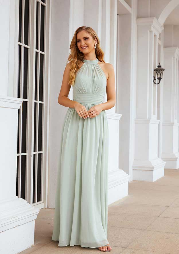 A-Line High-Neck Floor-Length Sleeveless Chiffon Bridesmaid Dress With Pleats BM bride