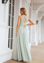 A-Line High-Neck Floor-Length Sleeveless Chiffon Bridesmaid Dress With Pleats BM bride