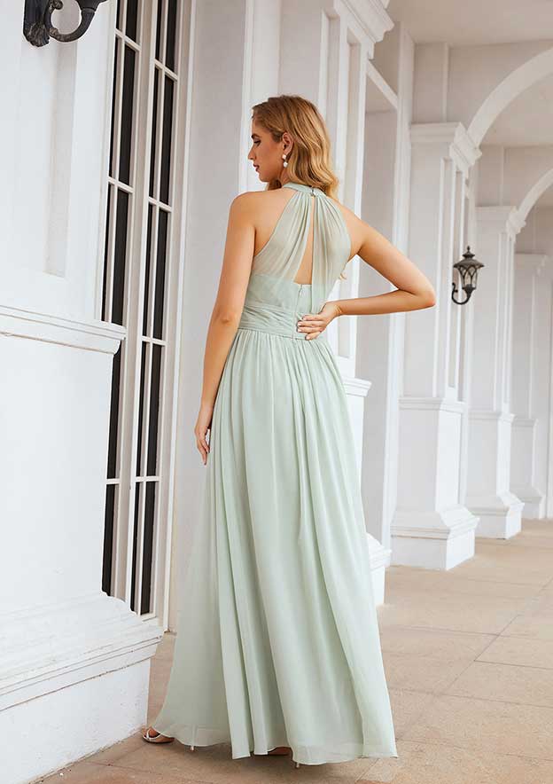 A-Line High-Neck Floor-Length Sleeveless Chiffon Bridesmaid Dress With Pleats BM bride