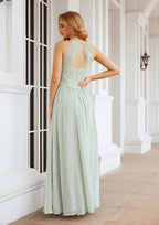 A-Line Halter Floor-Length Sleeveless Chiffon Bridesmaid Dress With Pleats Design BM bride
