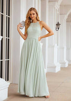 A-Line Halter Floor-Length Sleeveless Chiffon Bridesmaid Dress With Pleats Design BM bride