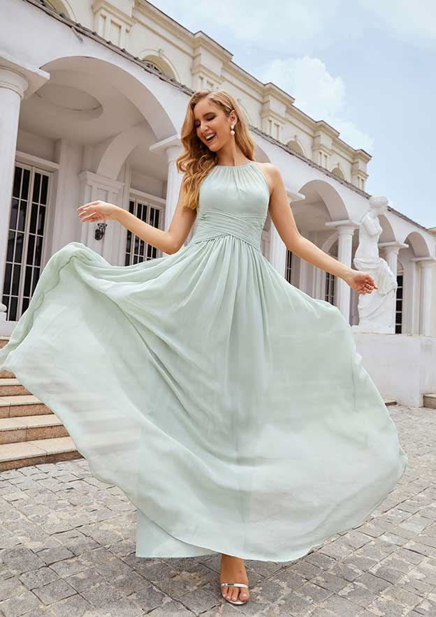 A-Line Halter Floor-Length Sleeveless Chiffon Bridesmaid Dress With Pleats Design BM bride