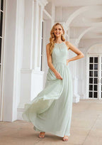 A-Line Halter Floor-Length Sleeveless Chiffon Bridesmaid Dress With Pleats Design BM bride