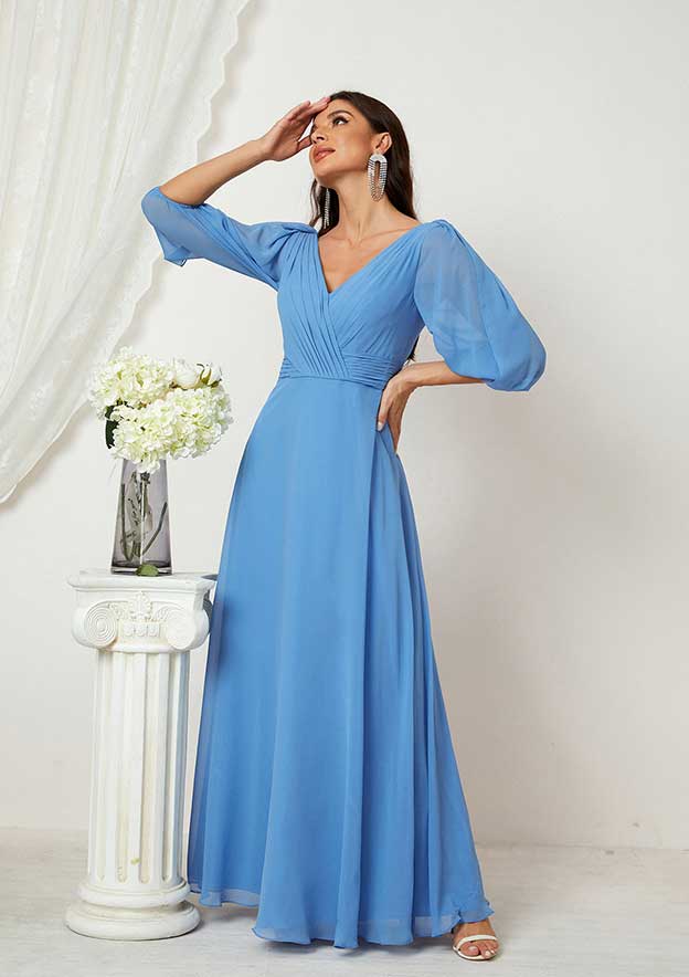 Floor-Length Chiffon Mother Of The Bride Dress, A-Line Cut, V-Neck, Half Sleeve, With Pleats BM bride
