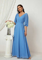 Floor-Length Chiffon Mother Of The Bride Dress, A-Line Cut, V-Neck, Half Sleeve, With Pleats BM bride