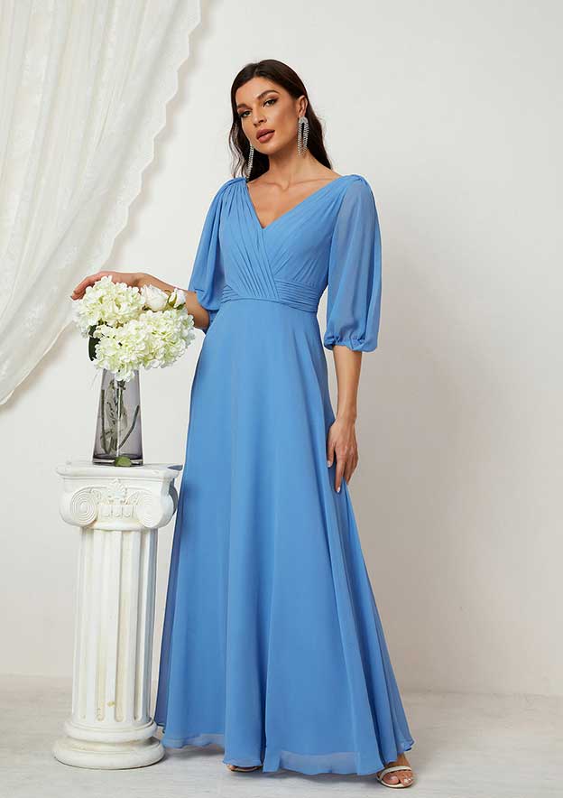 Floor-Length Chiffon Mother Of The Bride Dress, A-Line Cut, V-Neck, Half Sleeve, With Pleats BM bride